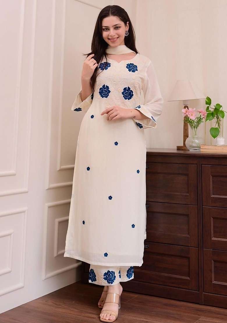 Off White Embroidered Poly Blended Kurta Sets - Indya