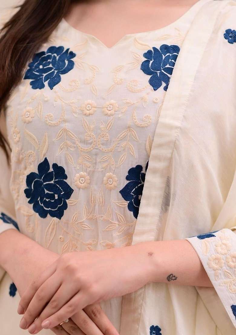 Off White Embroidered Poly Blended Kurta Sets - Indya