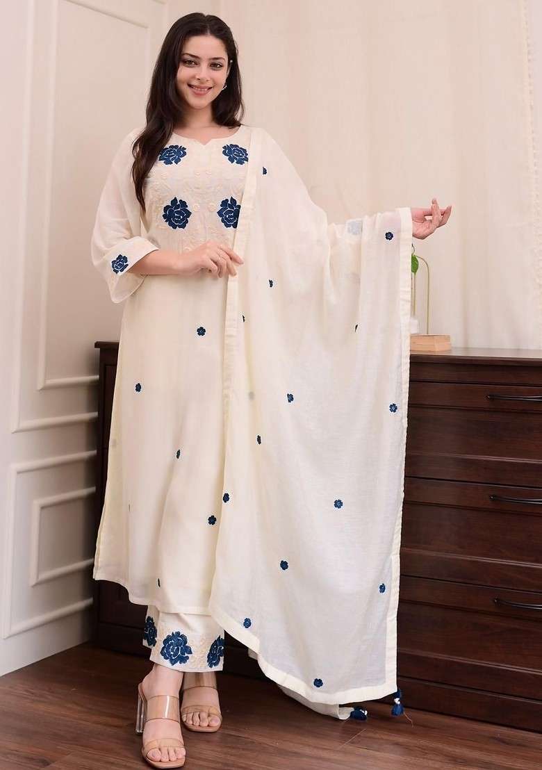 Off White Embroidered Poly Blended Kurta Sets - Indya