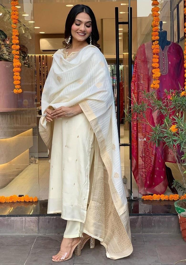 Off White Embroidered Poly Blended Kurta Sets