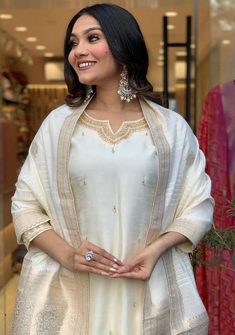 Off White Embroidered Poly Blended Kurta Sets