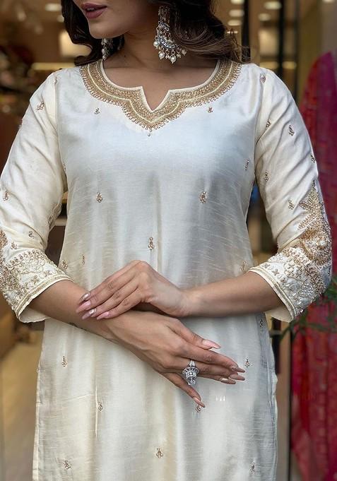 Off White Embroidered Poly Blended Kurta Sets