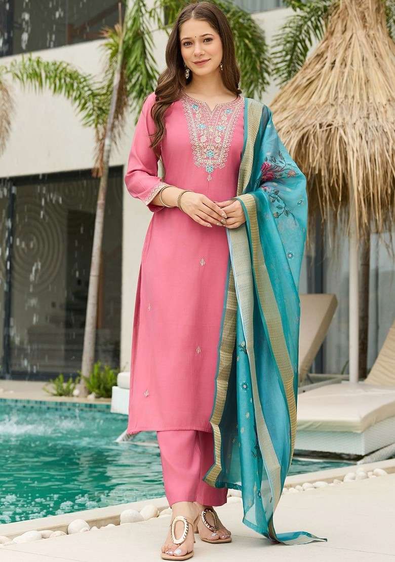 Pink Embroidered Poly Blended Kurta Sets - Indya