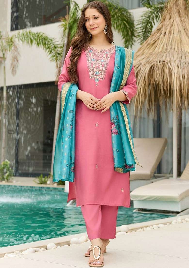 Pink Embroidered Poly Blended Kurta Sets - Indya