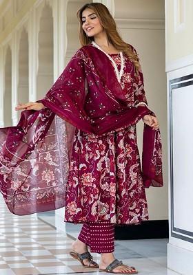 Burgundy Embroidered Poly Blended Kurta Sets
