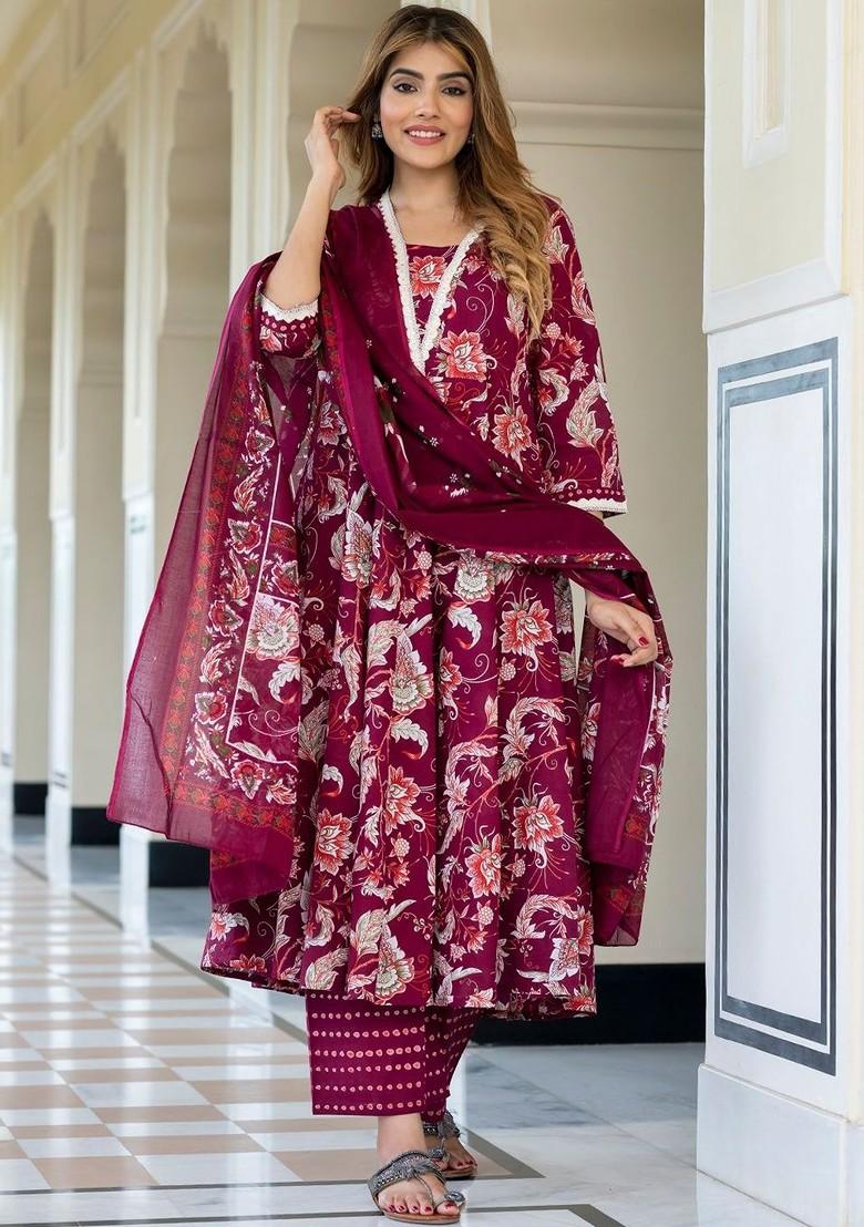 Burgundy Embroidered Poly Blended Kurta Sets - Indya