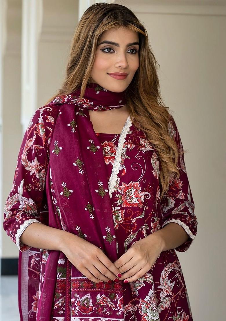Burgundy Embroidered Poly Blended Kurta Sets - Indya