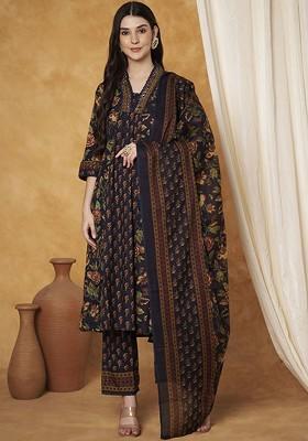Navy Blue Embroidered Poly Blended Kurta Sets