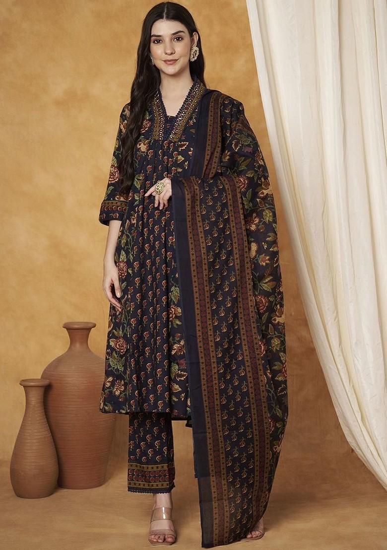 Navy Blue Embroidered Poly Blended Kurta Sets