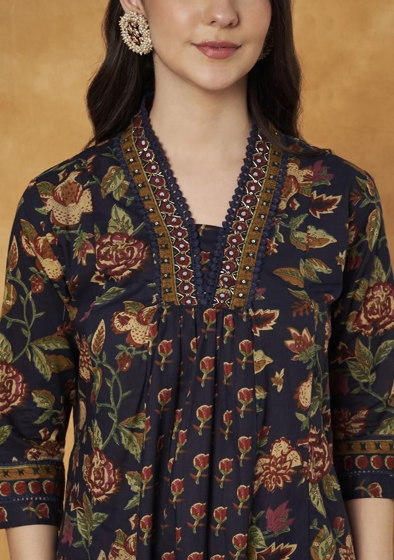 Navy Blue Embroidered Poly Blended Kurta Sets