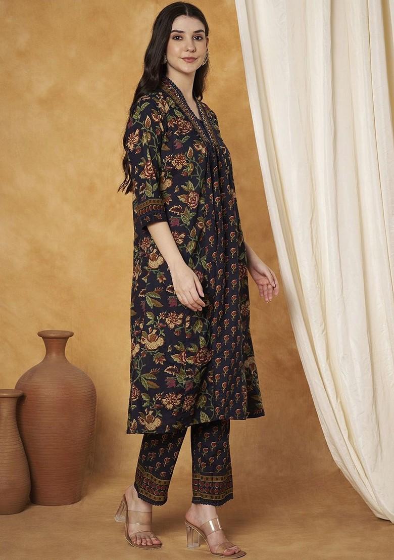 Navy Blue Embroidered Poly Blended Kurta Sets