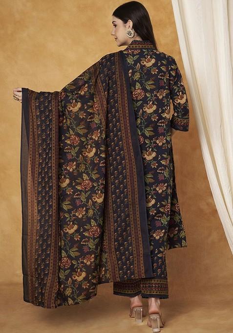 Navy Blue Embroidered Poly Blended Kurta Sets