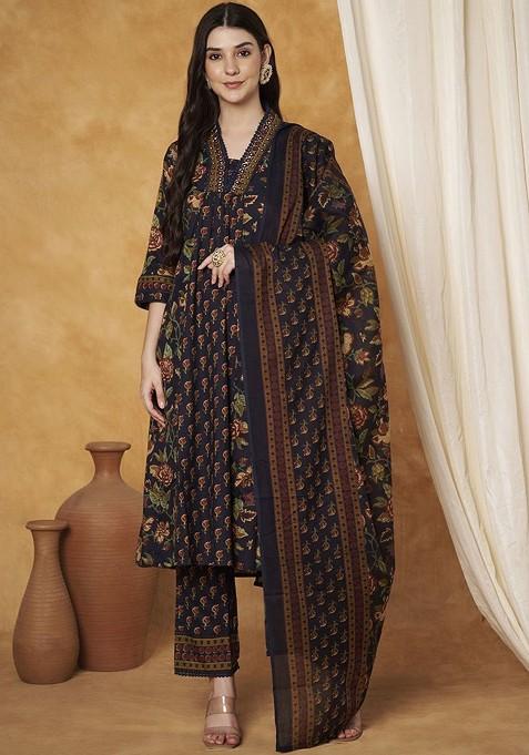 Navy Blue Embroidered Poly Blended Kurta Sets