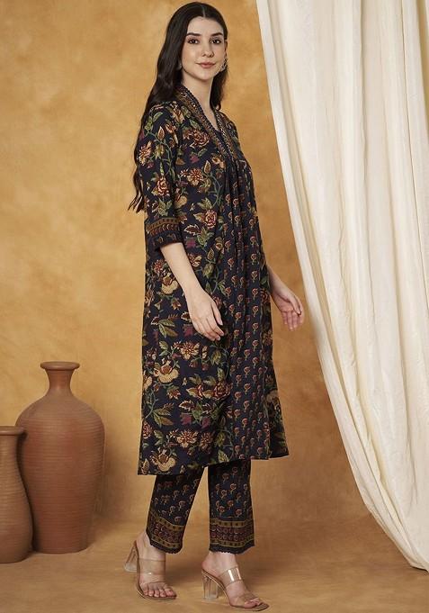 Navy Blue Embroidered Poly Blended Kurta Sets