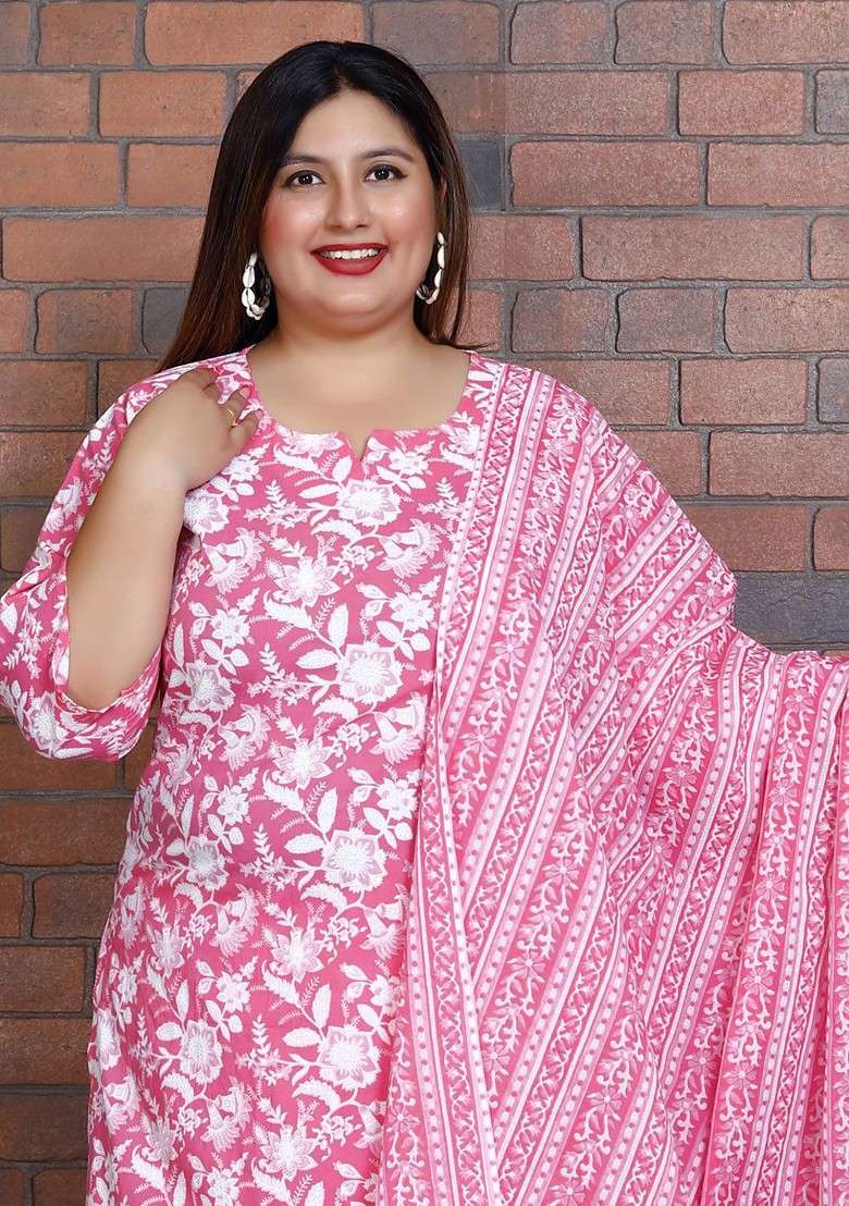 Pink Embroidered Poly Blended Kurta Sets - Indya