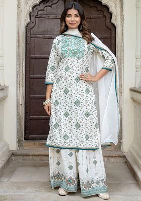 White Embroidered Poly Blended Kurta Sets