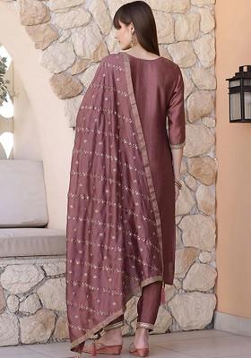 Lavender Embroidered Poly Blended Kurta Sets