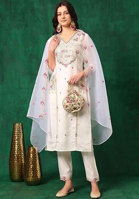 White Embroidered Poly Blended Kurta Sets