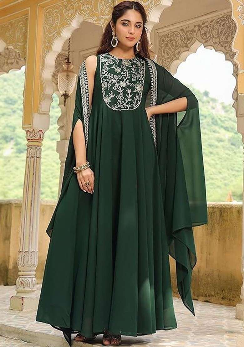 Green Embroidered Poly Blended Kurta Sets - Indya