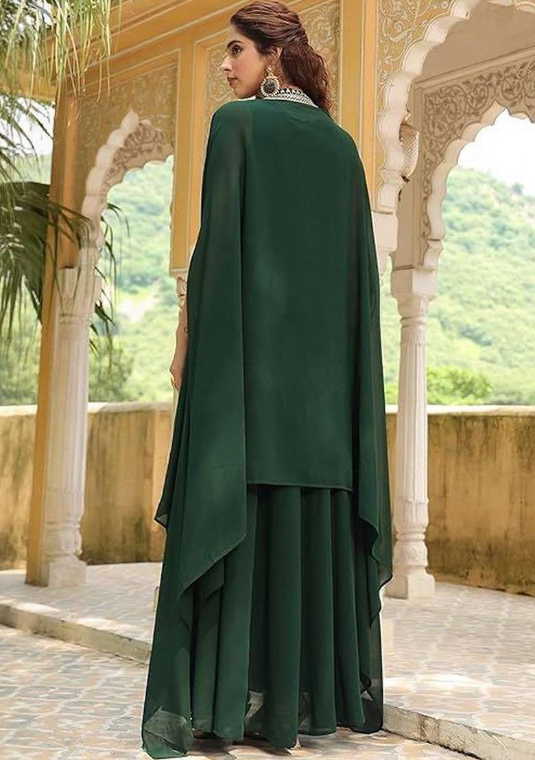 Green Embroidered Poly Blended Kurta Sets - Indya