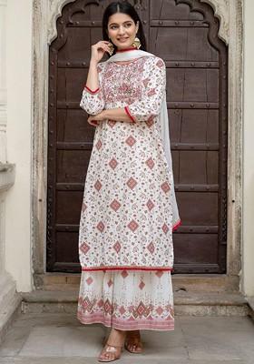 White Embroidered Poly Blended Kurta Sets