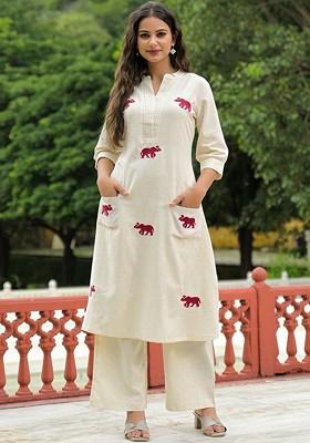 Off White Embroidered Poly Blended Kurta Sets
