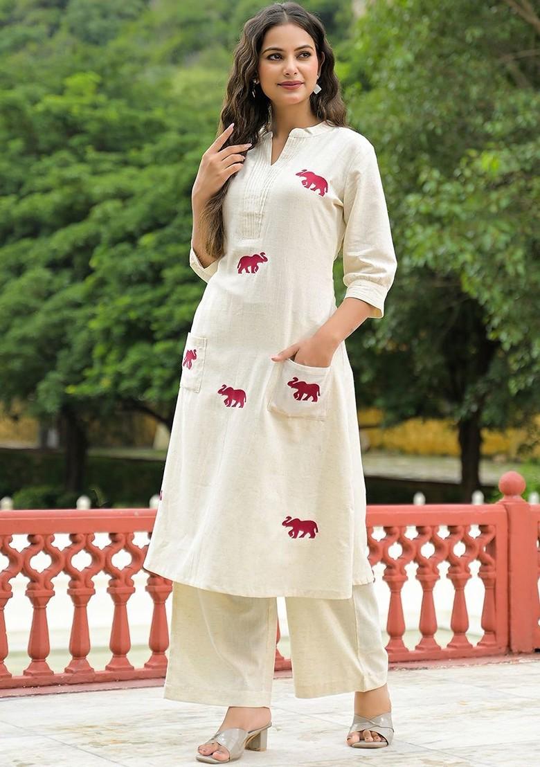 Off White Embroidered Poly Blended Kurta Sets - Indya