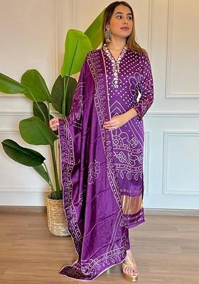 Purple Embroidered Poly Blended Kurta Sets