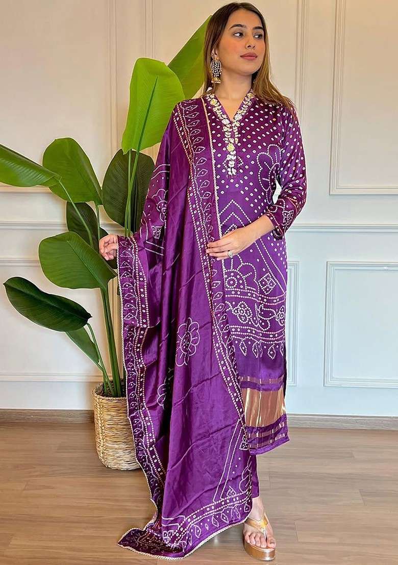 Purple Embroidered Poly Blended Kurta Sets - Indya
