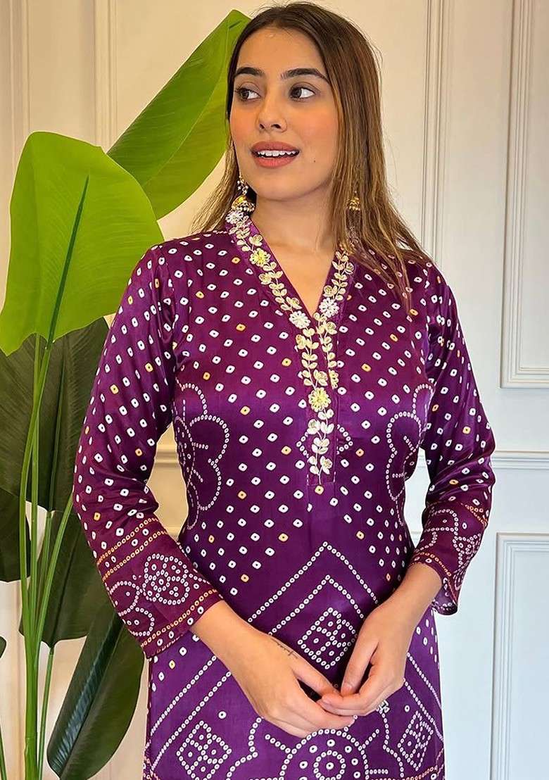 Purple Embroidered Poly Blended Kurta Sets - Indya