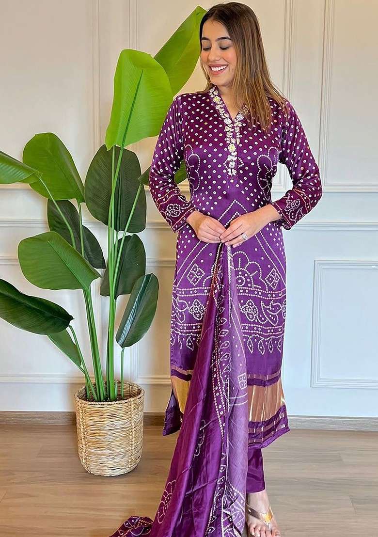 Purple Embroidered Poly Blended Kurta Sets - Indya