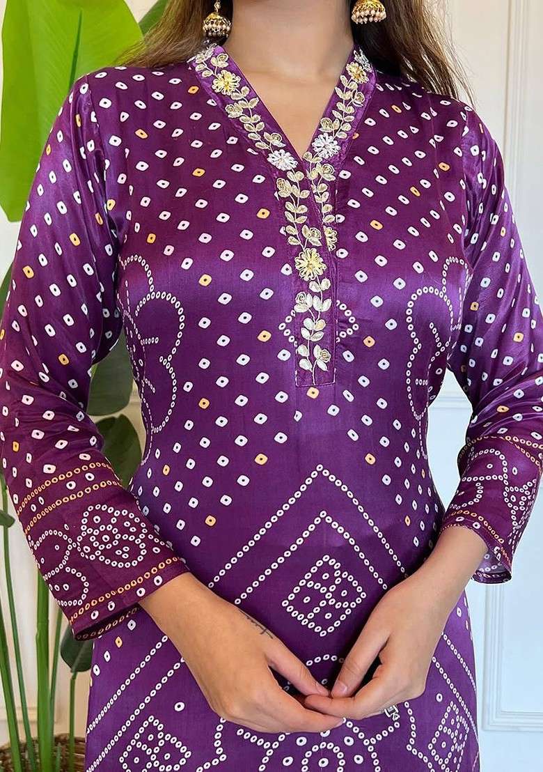 Purple Embroidered Poly Blended Kurta Sets - Indya