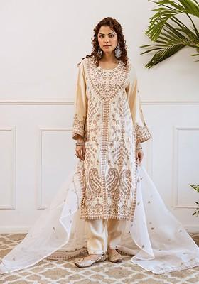 Cream Embroidered Poly Blended Kurta Sets