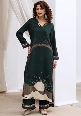 Green Embroidered Poly Blended Kurta Sets