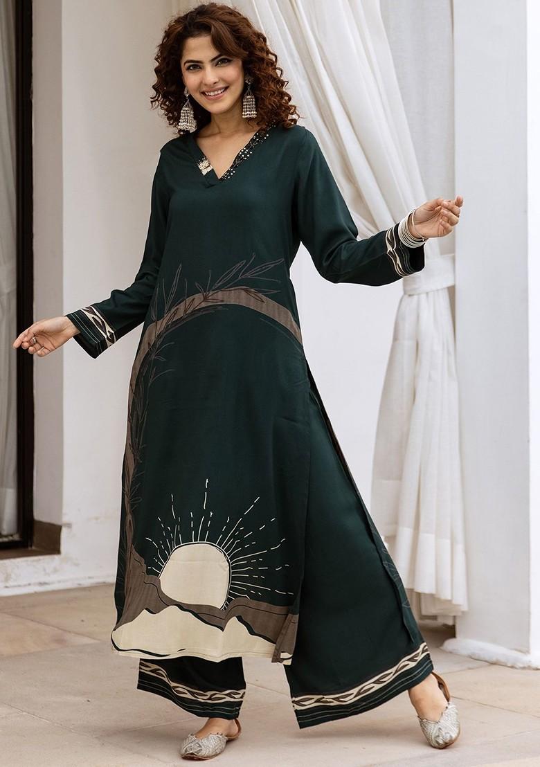 Green Embroidered Poly Blended Kurta Sets - Indya