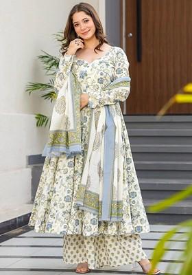 Off White Embroidered Poly Blended Kurta Sets