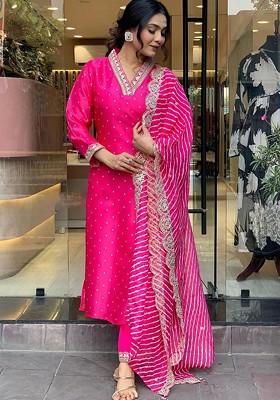 Pink Embroidered Poly Blended Kurta Sets