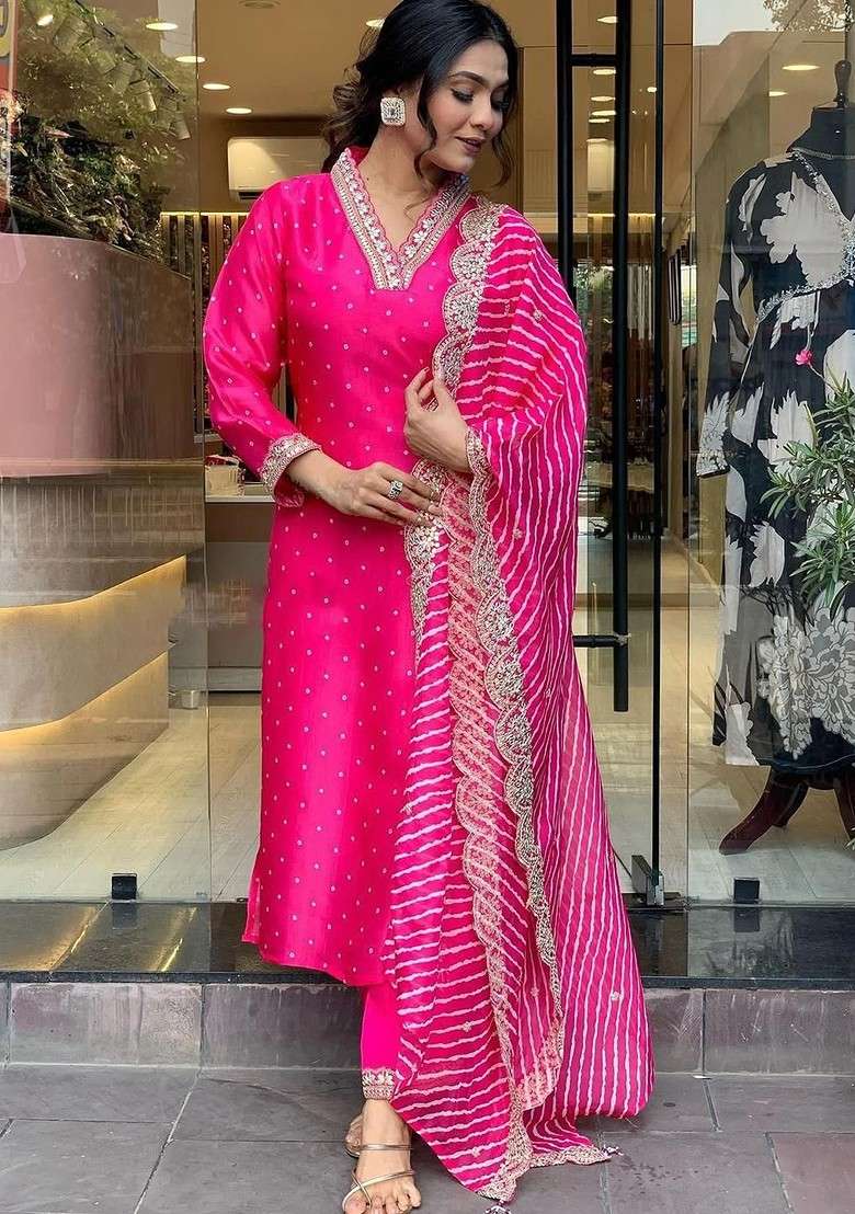 Pink Embroidered Poly Blended Kurta Sets - Indya