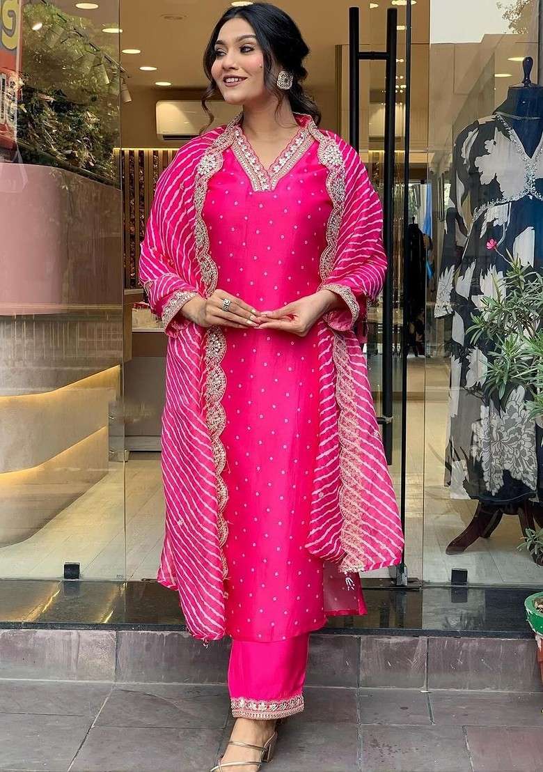 Pink Embroidered Poly Blended Kurta Sets - Indya