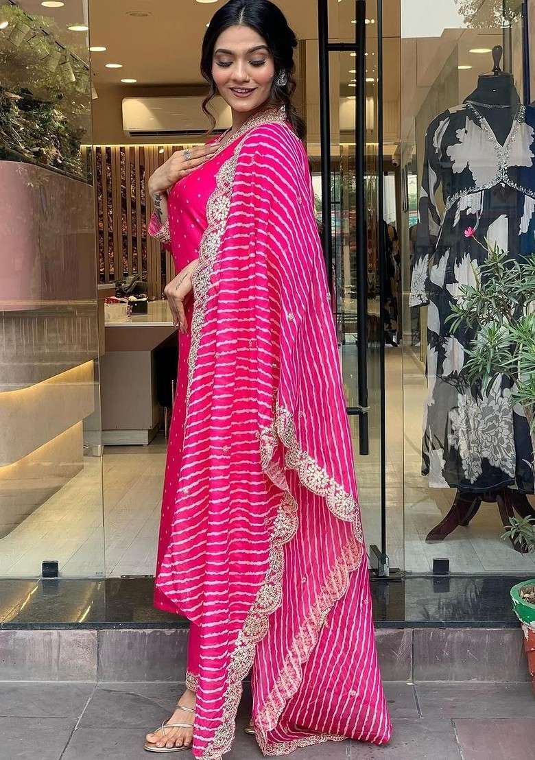 Pink Embroidered Poly Blended Kurta Sets - Indya