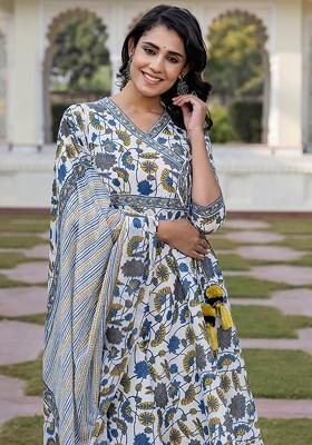 Blue Embroidered Poly Blended Kurta Sets
