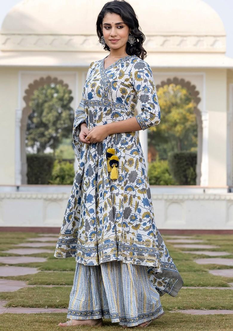 Blue Embroidered Poly Blended Kurta Sets - Indya