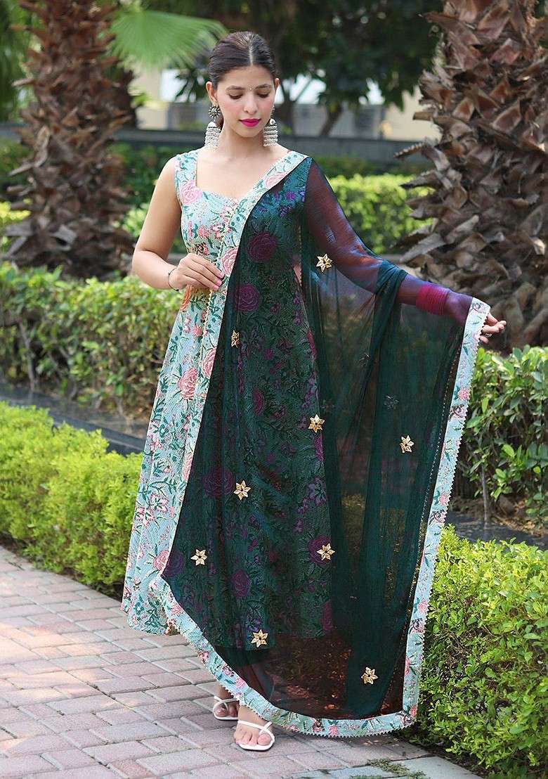 Green Embroidered Poly Blended Kurta Sets - Indya