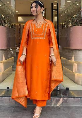 Orange Embroidered Poly Blended Kurta Sets