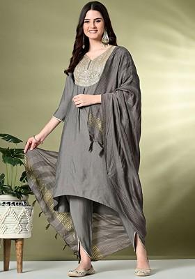 Grey Embroidered Poly Blended Kurta Sets