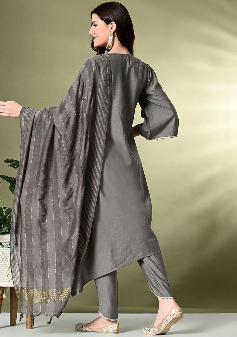 Grey Embroidered Poly Blended Kurta Sets - Indya
