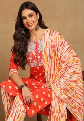 Orange Embroidered Poly Blended Kurta Sets