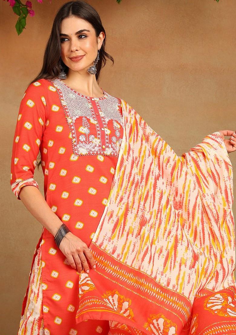 Orange Embroidered Poly Blended Kurta Sets - Indya