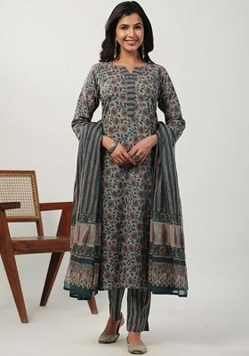 Beige Embroidered Poly Blended Kurta Sets