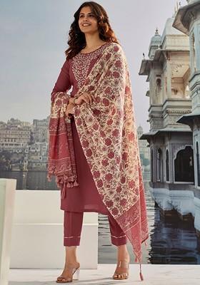 Rust Embroidered Poly Blended Kurta Sets